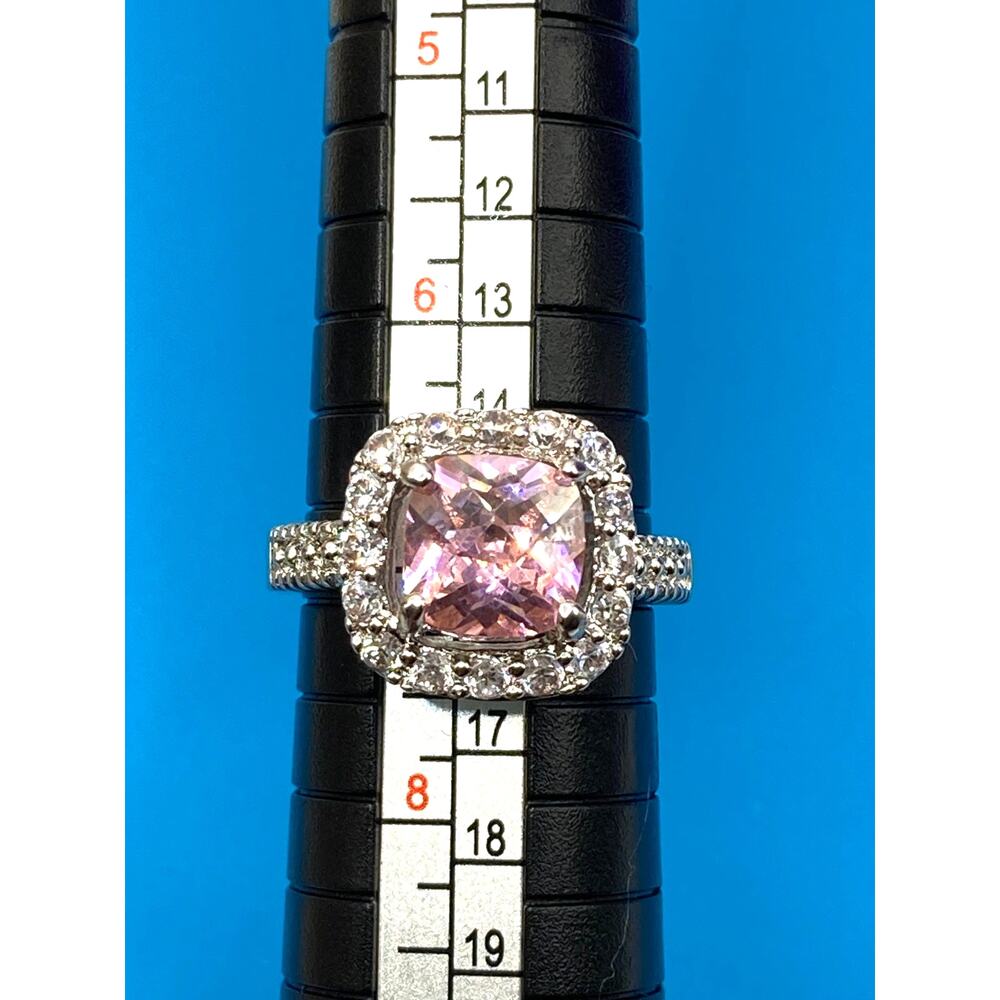 Pink Halo Square Cushion-C Silver Overlay Ring Made with SWAROVSKI Elements Sz 7
